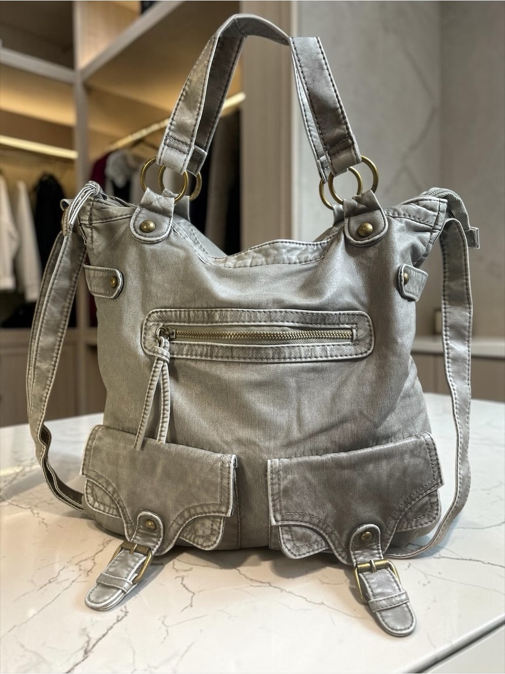 Massimo Gray Faux Leather Hobo Shoulder Bag Multi Pocket Slouchy Purse